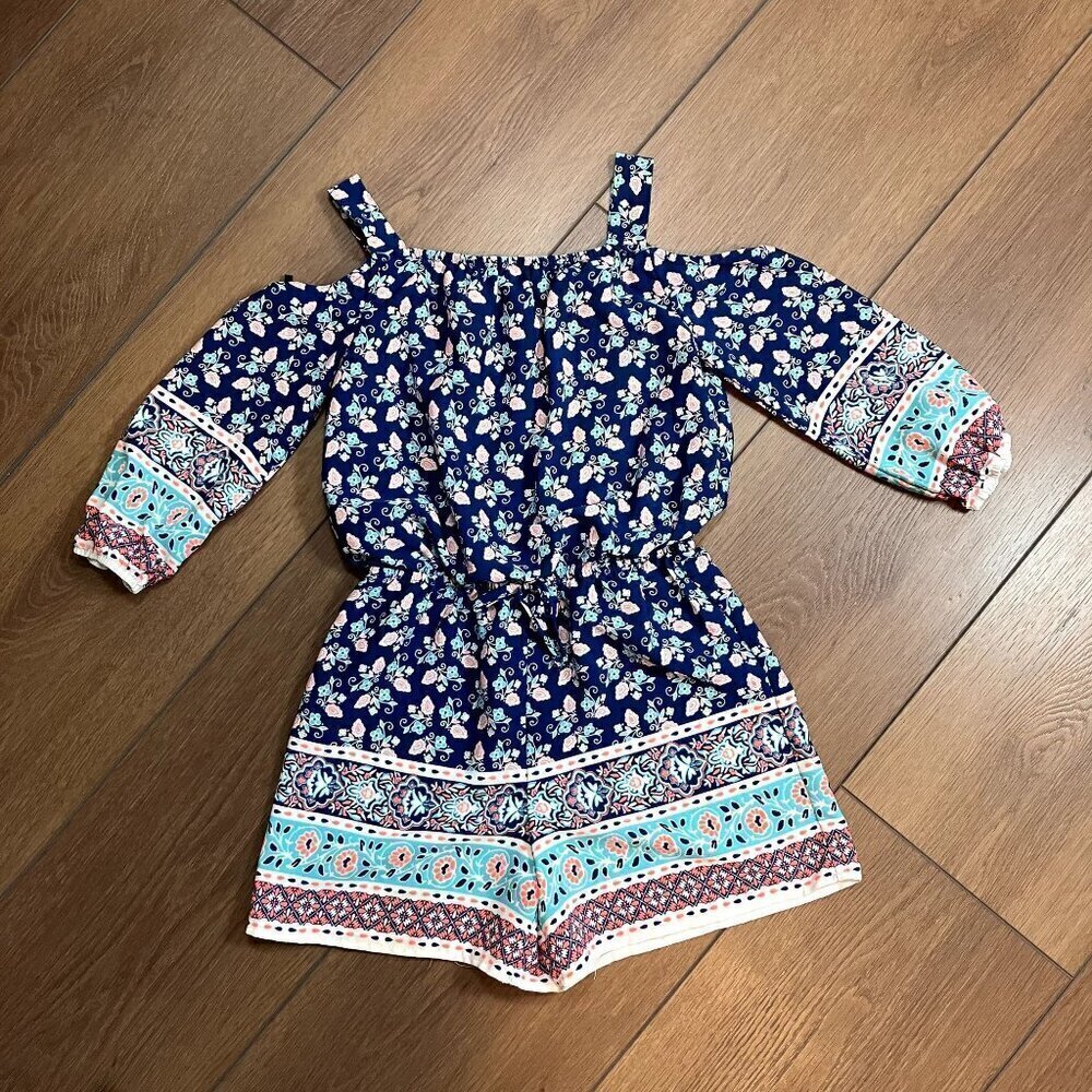 My Michelle Girls Blue/Multi-color Cold shoulder Three Quarter Length Romper (M)